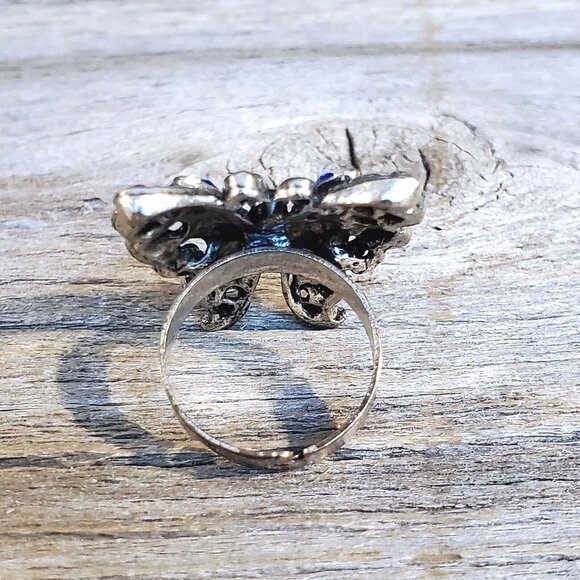 Vintage Y2K 90s Cobalt Blue Crystal Butterfly Silver Adjustable Cocktail Ring - Picture 4 of 8